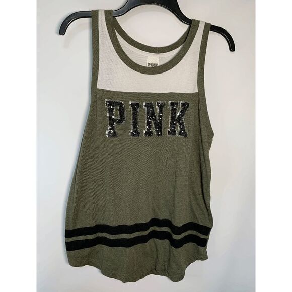 Victoria's Secret Pink Women's Sequin Sleeveless Curved Hem Tank Top Green Size - Picture 1 of 9